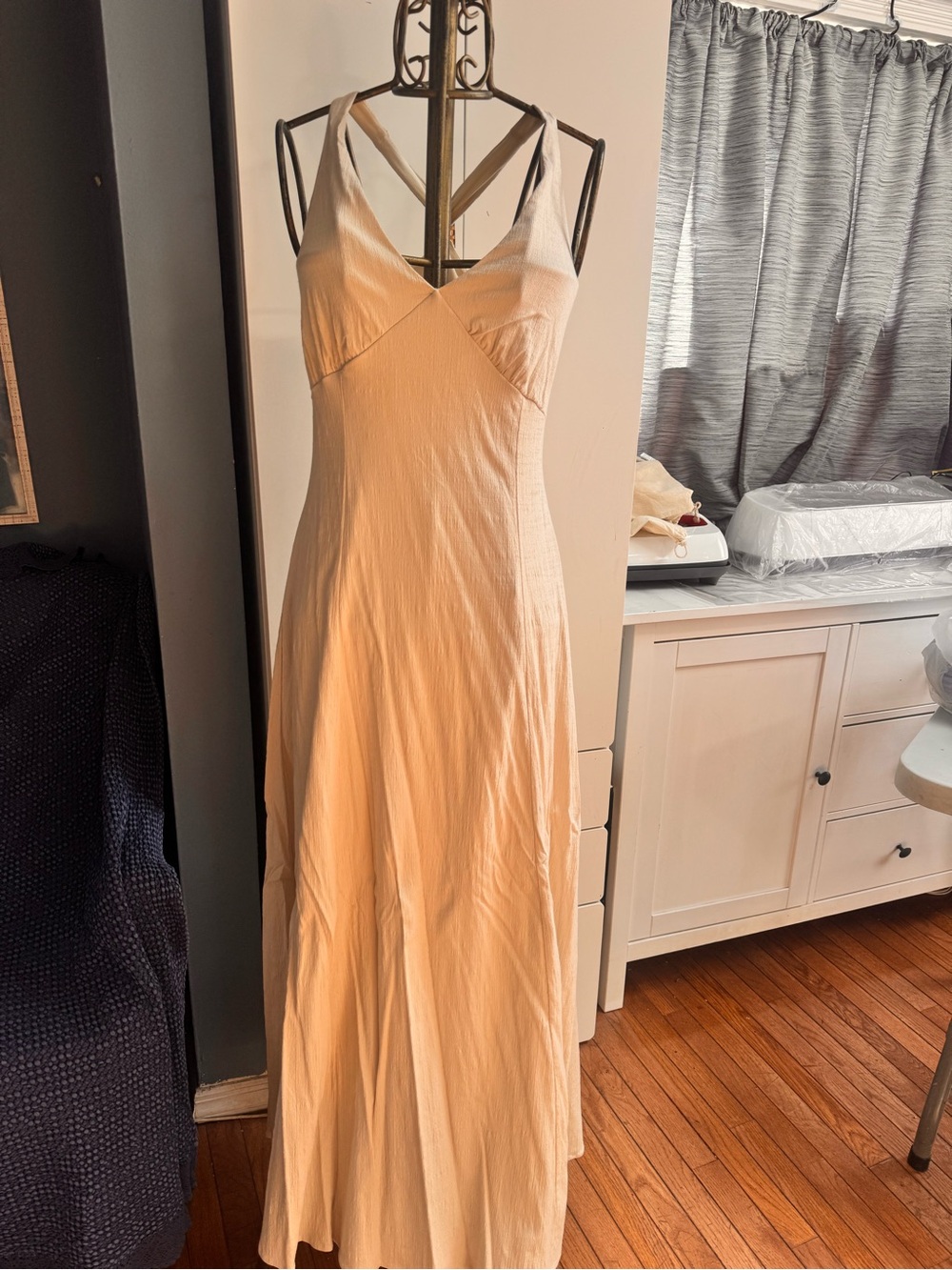 Fashion Nova Cream V-Neck Maxi Dress with Crisscross Straps